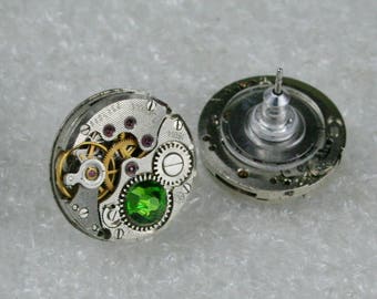 Steampunk Earrings, Watch Movement Studs, Fern Green Crystal