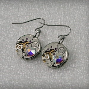 Steampunk Earrings with Aurore Boreale AB  crystals , Vintage Mechanical Watch Movement  ,  Clockwork  Movement earrings