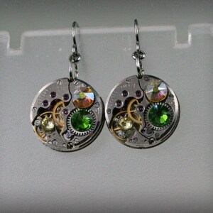 Steampunk Earrings with  Vintage Mechanical Watch Movement and   crystals , Steampunk Earrings , Steampunk Clockwork Earrings