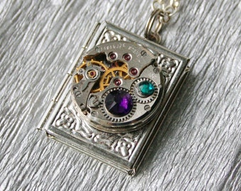 Steampunk  jewelry . Steampunk Book  pendant /  locket /  necklace with Purple  Crystal . Clockwork Watch Movement Book Pendant