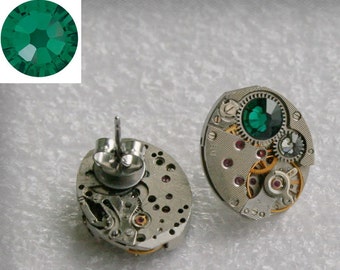 Steampunk Stud Earrings   Mechanical Watch Movement and  Emerald  crystals - Clockwork Earrings - Steampunk