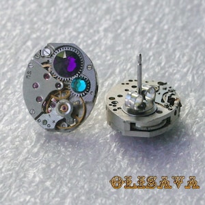 Steampunk Stud Earrings with  Mechanical Watch Movement and  purple  crystals , Steampunk Earrings , Steampunk Clockwork Earrings