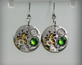 Steampunk Earrings: Vintage Watch Movement with Fern Green Crystals