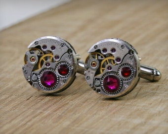 SALE...Watch Movement Cufflinks - Steampunk Cufflinks with Ruby  crystals . Steampunk jewelry , Clockwork Cufflinks