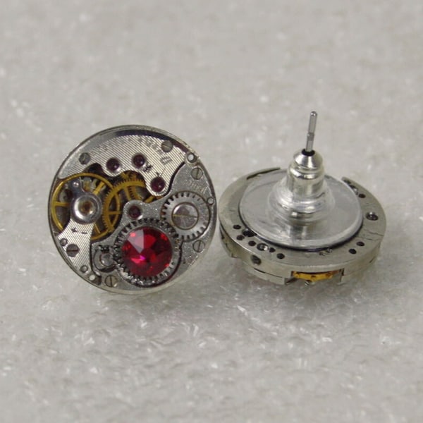 Steampunk Stud Earrings  Mechanical Watch Movement , Red Scarlet  crystals , Steampunk Earrings , Clockwork  earrings