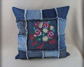 Denim Patchwork  pillowcase embroidered made from upcycled jeans , Decorative pillowcase with embroidered