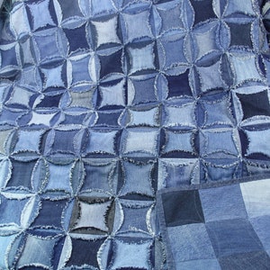 Denim Patchwork Rag Quilt made from upcycled jeans ,  Denim Picnic or Utility Blanket or Quilt