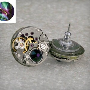 Steampunk Stud   Watch Movement Earrings Crystal Rainbow Dark  crystals , Steampunk Earrings , Steampunk  Clockwork Earrings