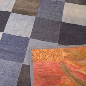 63 x 47 &quot; Denim Patchwork Rag Quilt made from upcycled jeans ,  Denim Picnic or Utility Blanket or Quilt //Up-Cycled Denim Quilt