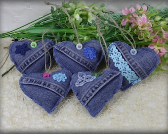 Set of 5 Recycled Denim Christmas Ornaments // Christmas Decorations // Christmas Decor // Denim Christmas decoration Heart , Christmas Gift