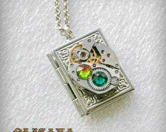 Steampunk Book  pendant /  locket /  necklace with   crystals , Steampunk jewelry , Clockwork Pendant
