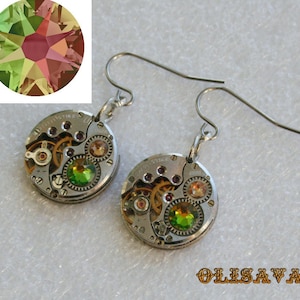 Steampunk Earrings  Vintage Mechanical Watch Movement and Crystal Vitrail Medium  crystals , Clockwork Earrings , Steampunk jewelry