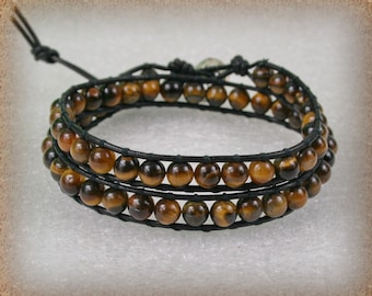 2 Wrap Men's Leather Bracelet with 6 mm Tiger Eye beads , Boho wrap bracelet , Stone bracelet Gift