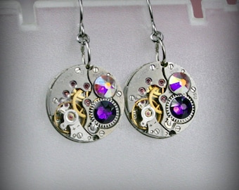 Steampunk Earrings  Vintage Mechanical Watch Movement and   crystals , Clockwork Earrings , Steampunk jewelry