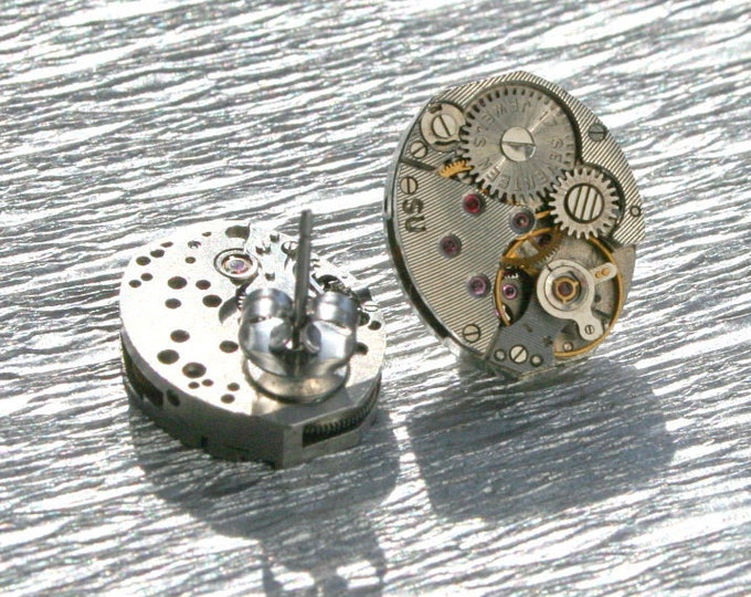 Steampunk Stud Earrings with  Vintage Mechanical Watch Movement  , Steampunk Earrings , Steampunk  Vintage Clockwork Watch Movement Earrings