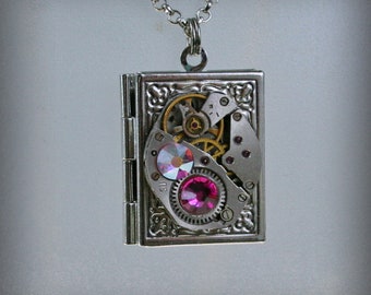 Steampunk Book  pendant /  locket /  necklace with   crystals , Steampunk jewelry , Clockwork   pendant