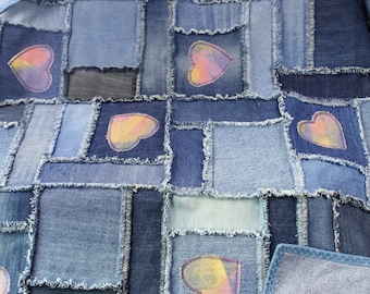 Edredón de retazos con forma de corazón de mezclilla, manta de picnic hecha con jeans reciclados
