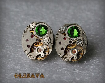 Steampunk Stud Earrings, Antique Watch Movement, Fern Green Crystals
