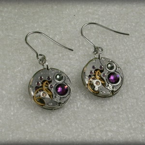 Steampunk Earrings  Vintage Mechanical Watch Movement and Amethyst   crystals , Clockwork Earrings , Steam punk