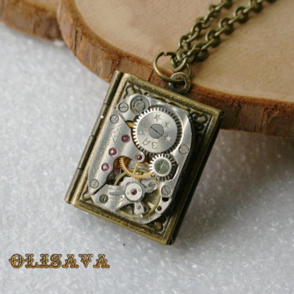 Steampunk  jewelry. Steampunk Book  pendant  necklace  , Steampunk jewelry , Clockwork Watch Movement Pendant