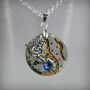Watch movement  Steampunk   Pendant with  crystal  ,  Steampunk Jewelry , Clockwork  Pendant