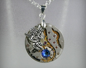 Steampunk Watch Movement Pendant, Swarovski Crystal, Silver Chain