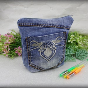 Denim Zipper Pouch //  Makeup Bag // Boho Pouch made from upcycled jeans , Cosmetic Bags // Gadget Bag// Pencil Case //