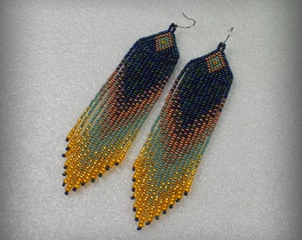 Fringe earrings , Long Indian style beaded earrings , boho , Ethnic style , Native American Beaded Earrings , Statement Beaded earrings