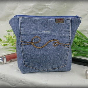 Denim Zipper Pouch //  Makeup Bag // Boho Pouch made from upcycled jeans , Cosmetic Bags// Gadget Bag// Pencil Case //
