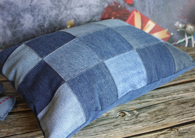 14.5 x 18.5 Denim Patchwork Throw pillowcase made from upcycled jeans image 3