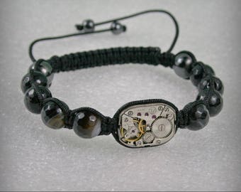 Mens   Steampunk bracelet  of Faceted  Agate  Beads and old watch movement , Clockwork bracelet ,  Steampunk Shamballa bracelet