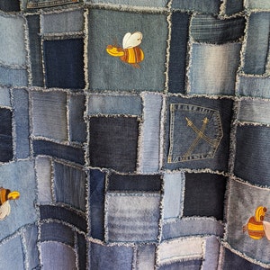 Recycled denim patchwork rag blanket with embroidery, denim blanket for picnic or utilitarian use