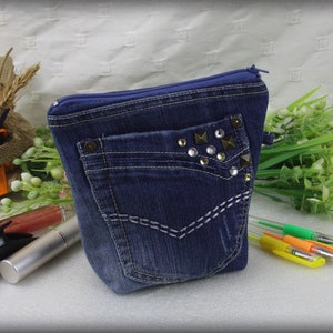 Denim Zipper Pouch //  Makeup Bag // Boho Pouch made from upcycled jeans , Cosmetic Bags// Gadget Bag// Pencil Case //
