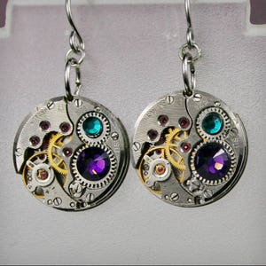 Steampunk Earrings with  Vintage Mechanical Watch Movement and  crystals , Steampunk Earrings , Clockwork Watch Movement Earrings
