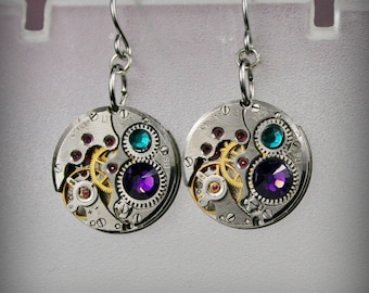 Steampunk Earrings with  Vintage Mechanical Watch Movement and  crystals , Steampunk Earrings , Clockwork Watch Movement Earrings