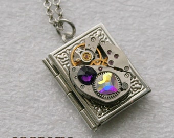 Steampunk Book  pendant /  locket /  necklace with purple , Crystal Aurore Boreale AB  crystals ,   Clockwork  Movement Pendant