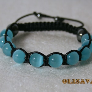 Beautiful Women&#39;s handmade Shamballa bracelet - Blue Mexican Opal  beads  10 mm , black cord , stone bracelet , Blue Mexican Opal  Bracelet