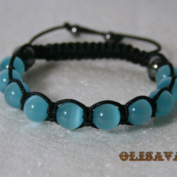 Beau bracelet Shamballa fait à la main pour femmes - Perles d’opale mexicaine bleue 10 mm , cordon noir , bracelet en pierre , bracelet opale mexicaine bleue