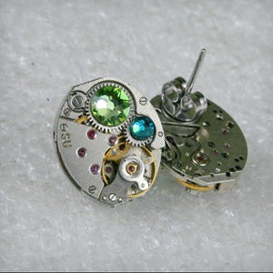Steampunk Stud Earrings with  Mechanical Watch Movement and Peridot  crystals , Steampunk Earrings , Steampunk Clockwork Earrings