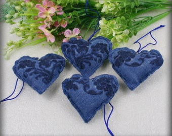 Set of 4 Recycled Denim Christmas Ornaments // Christmas Decorations // Christmas Decor // Denim Christmas decoration Heart , Christmas Gift