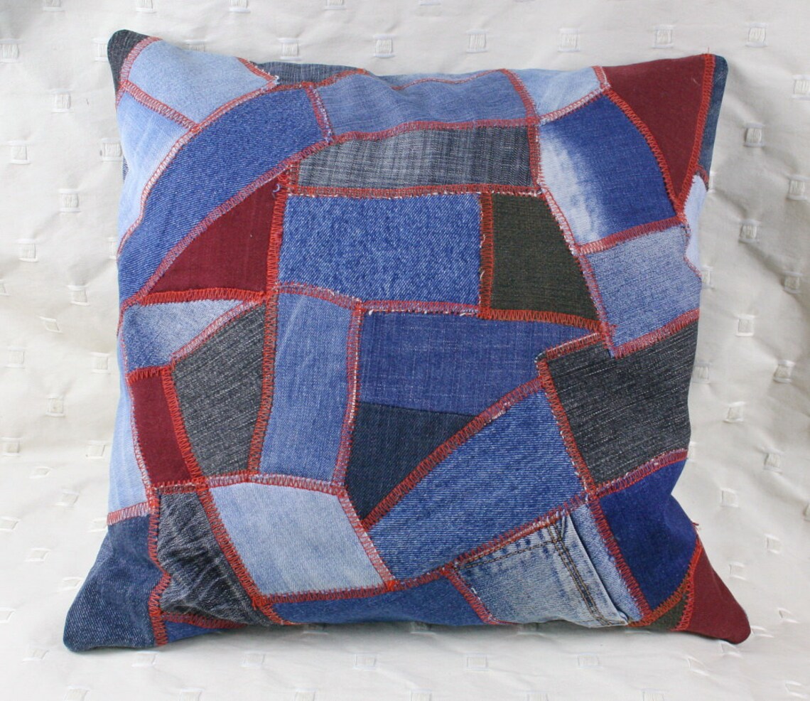 Denim Patchwork Throw Pillow Made From Upcycled Jeans Etsy