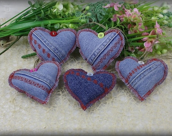 Set of 5 Recycled Denim Christmas Ornaments // Christmas Decorations // Christmas Decor // Denim Christmas decoration Heart , Christmas Gift