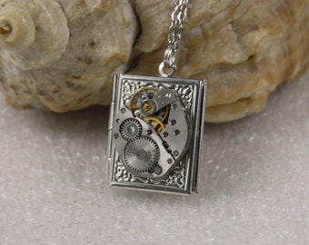 Steampunk  jewelry . Steampunk Book  pendant /  locket /  necklace , Steampunk jewelry , Clockwork Watch Movement Pendant