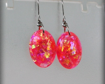 Small  Resin  oval glitter  earrings  ,  Resin Jewelry , Resin pink  Jewelry , resin earrings