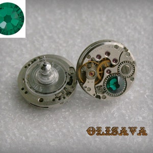 Steampunk Stud Earrings  Mechanical Watch Movement , Emerald   crystals ,Steampunk Earrings , Clockwork  earrings