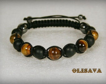 Pulsera Shamballa hecha a mano con ágata negra mate y ojo de tigre, pulsera de piedra para hombre