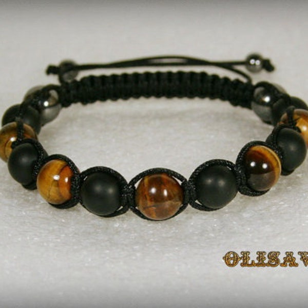 Beau bracelet Shamballa HOMME fait à la main avec 10 mm mate Black Agate Onyx et Tiger Eye Beads, bracelet en pierre
