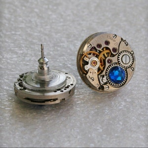 Steampunk Stud Earrings with Mechanical Watch Movement ,  Capri Blue  crystals, Steampunk Earrings , Clockwork  Movement earrings