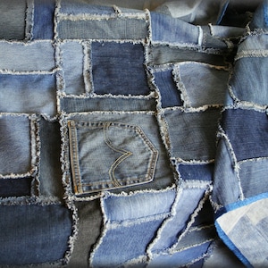 Denim Patchwork Rag Quilt made from upcycled jeans 76&quot; x60&quot; ,  Denim Picnic or Utility Blanket or Quilt