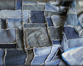 Denim Patchwork Rag Quilt made from upcycled jeans 76" x60" ,  Denim Picnic or Utility Blanket or Quilt